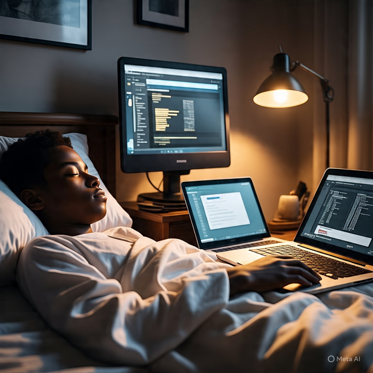 Image of a person sleeping with laptops open around them